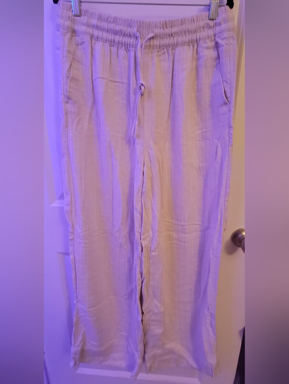 Light Beige Striped Drawstring Linen-Blend Women’s Pants Size M